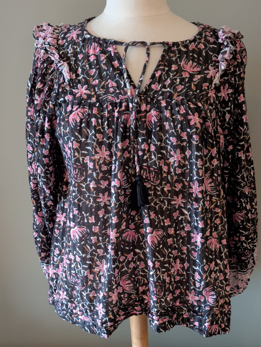 Cleobella Black Blouse with Pink Floral Print. Gold Thread, Organic Cotton. Lge